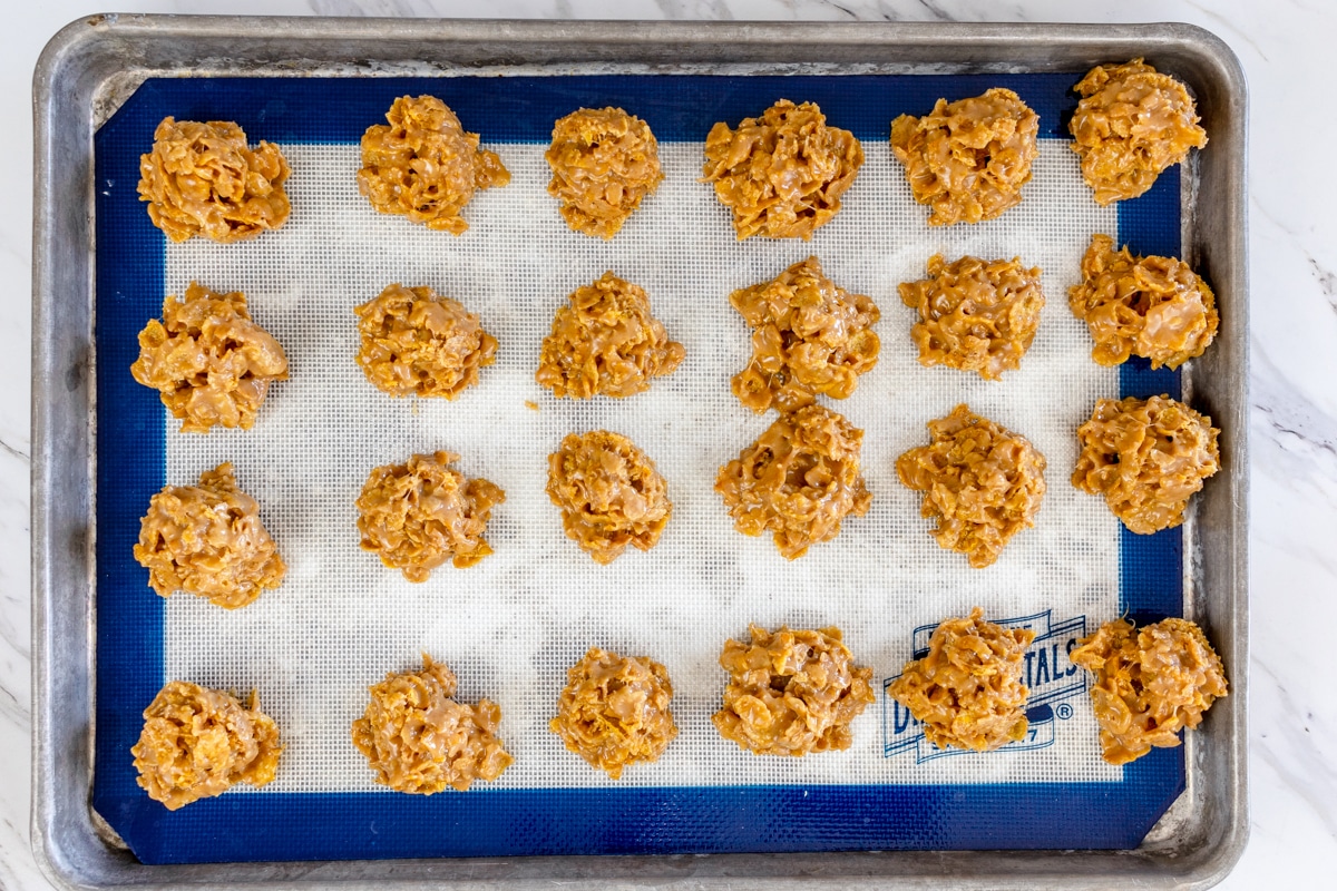 Cornflake Cookies cooling on baking sheet