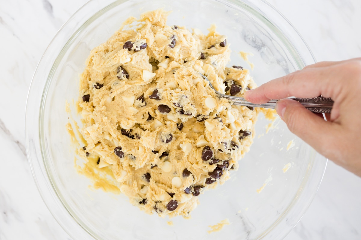 Cookie Dough in Bowl Stir in Chocolate Chips