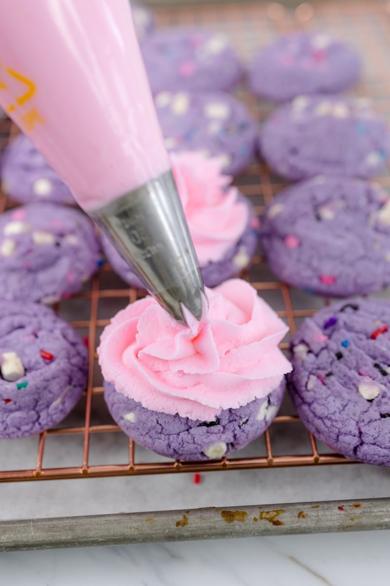 Pink Frosting on Purple Unicorn Cookies