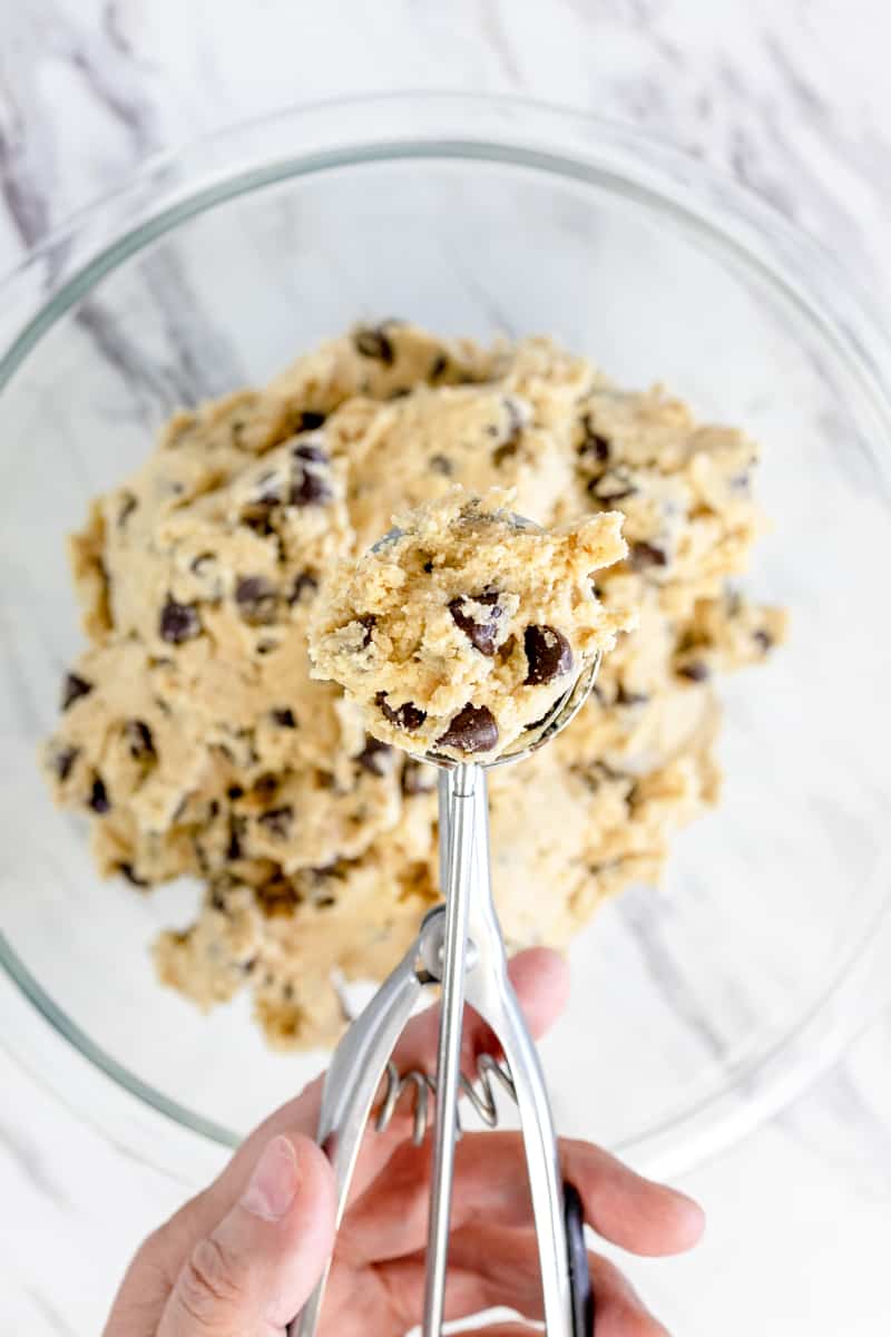 Cookie Scoop full of Chocolate chip cookie dough
