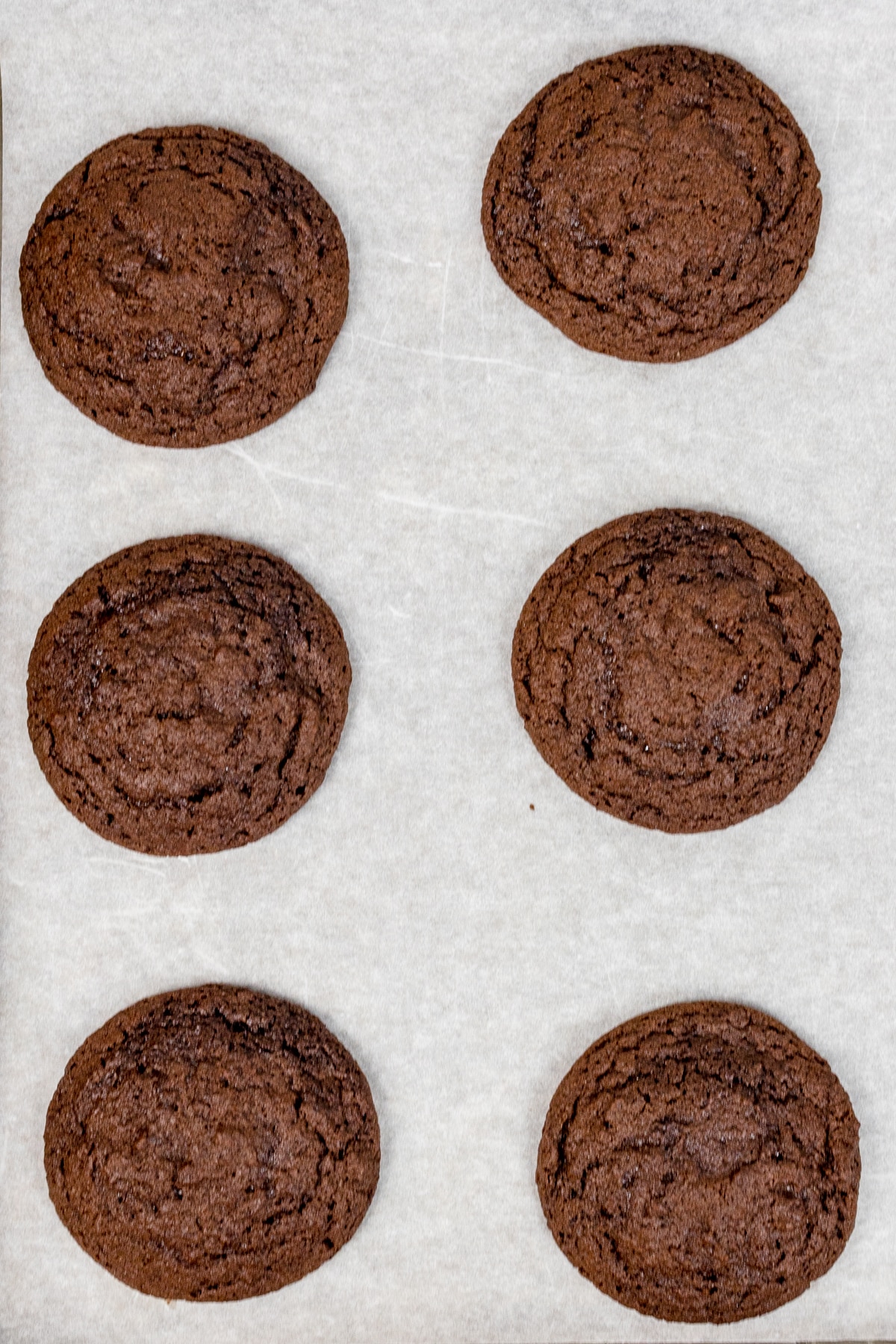 Top view of freshly baked chocolate mint cookies on a parchment paper lined baking tray. 