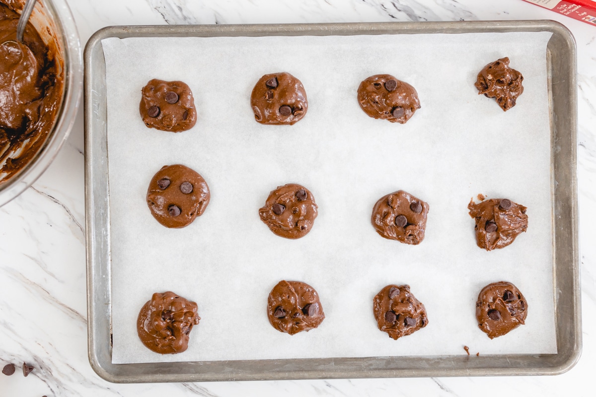 Brownie Mix Cookie dough on baking sheet