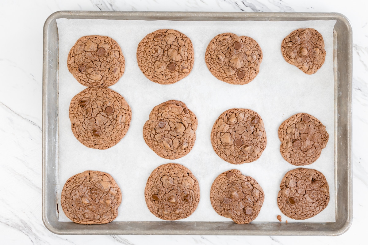 Baked Brownie Mix Cookies on baking sheet