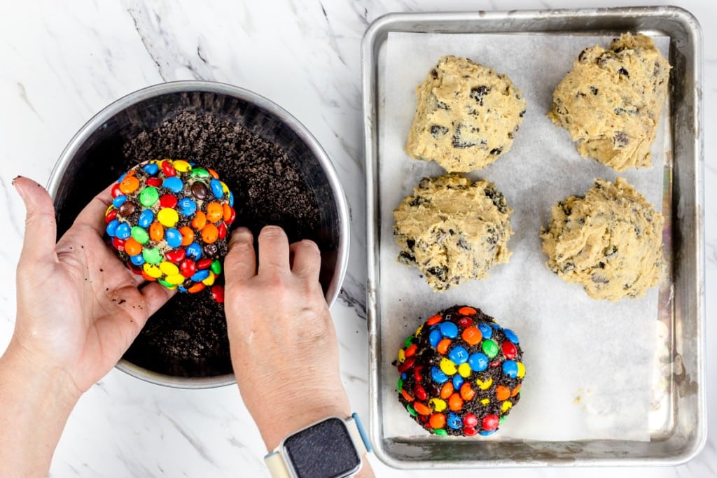 Frankenstein Cookies rolled in M&M candy