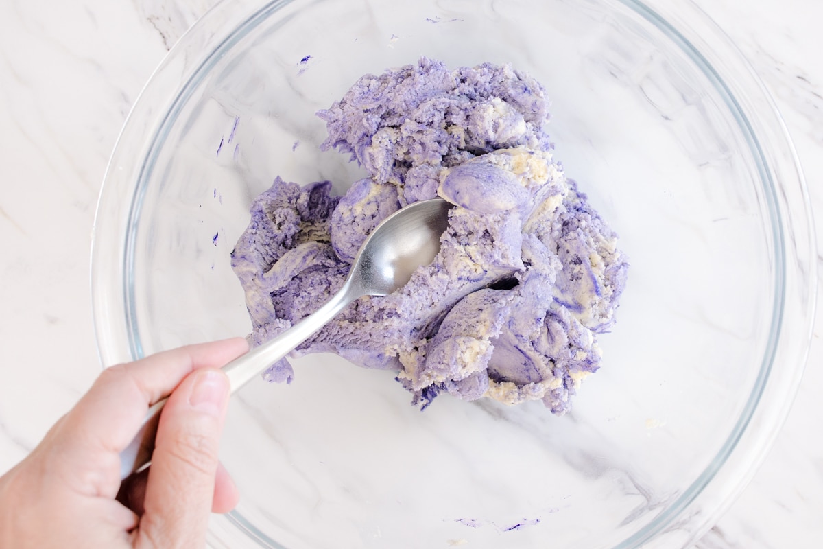 Purple gel coloring to cookie dough