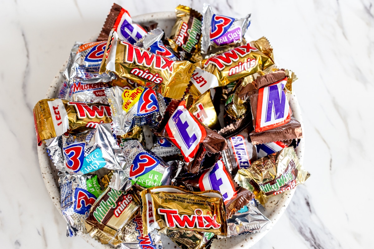 Top view of a pile of leftover Halloween candy.