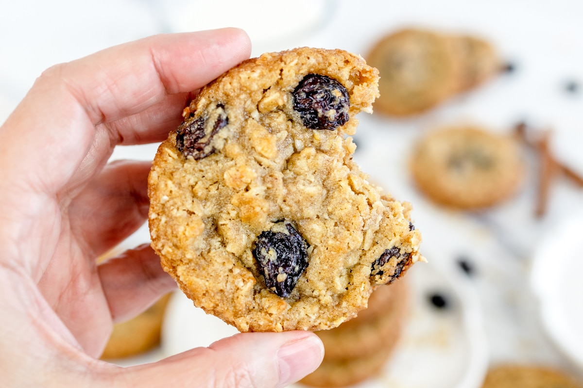 Close up of a oatmeal and raisin cookie being held up above a table filled with the same cookies.