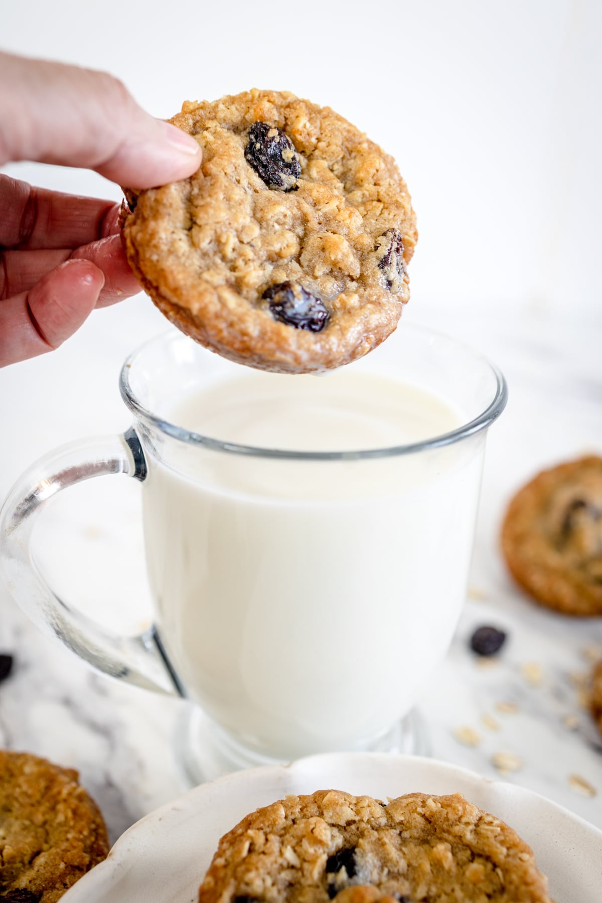 Close up of an oatmeal cookie being held above a tall glass of milk.