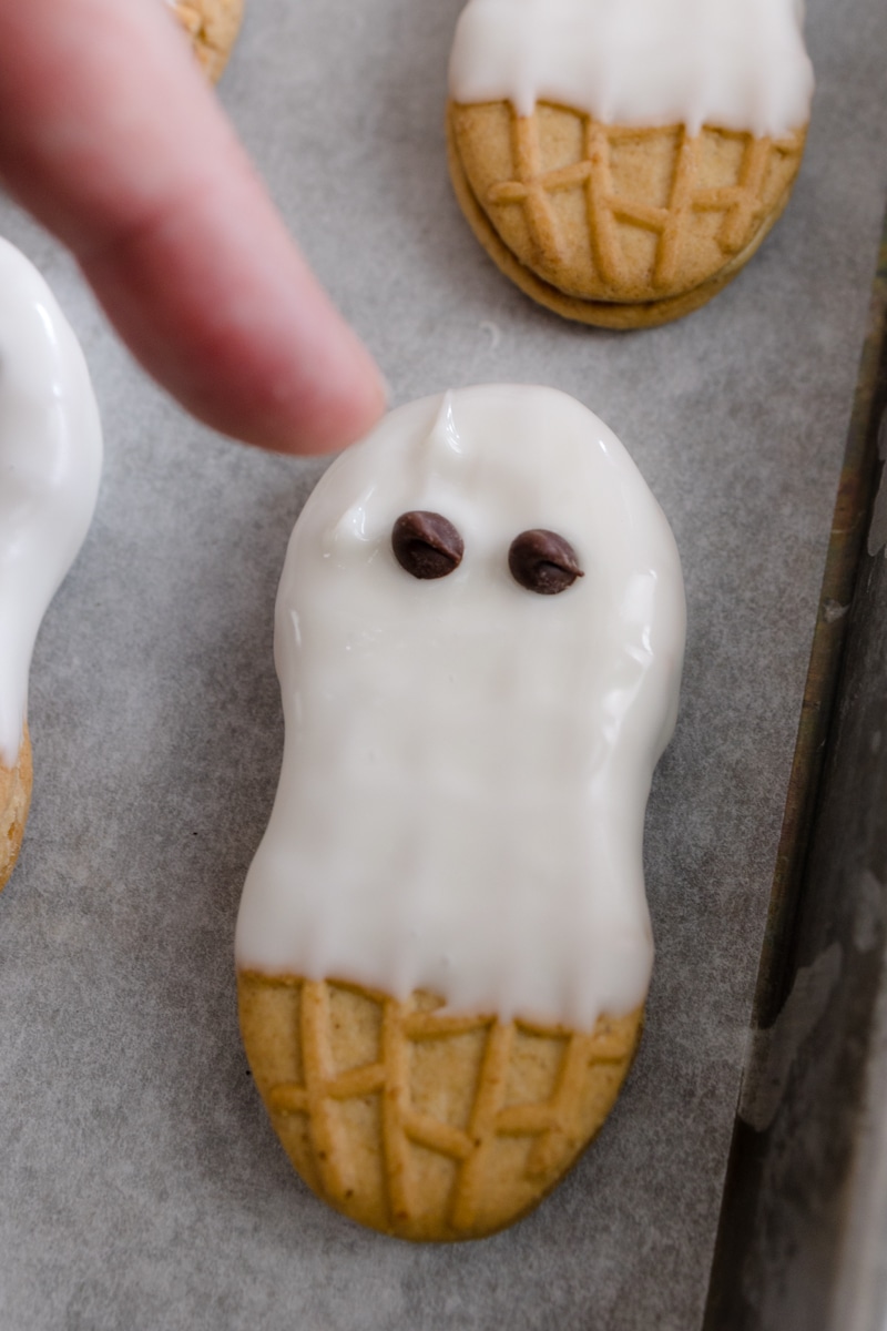 Mini Chocolate Chips on Ghost Cookies