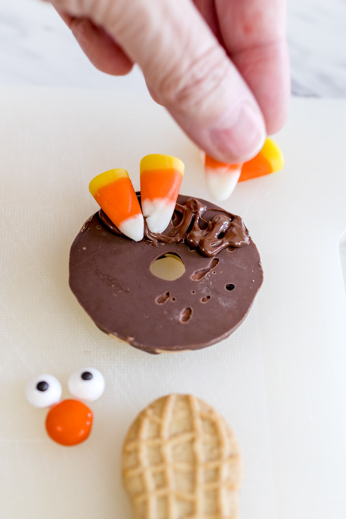 Place candy corn candies in melted chocolate for tail feathers
