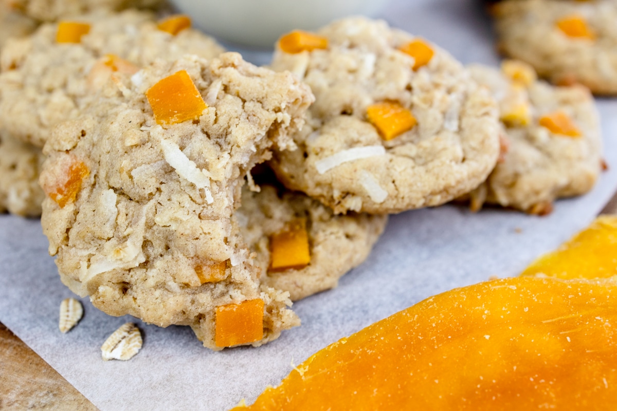 Close up of oat and mango cookies.