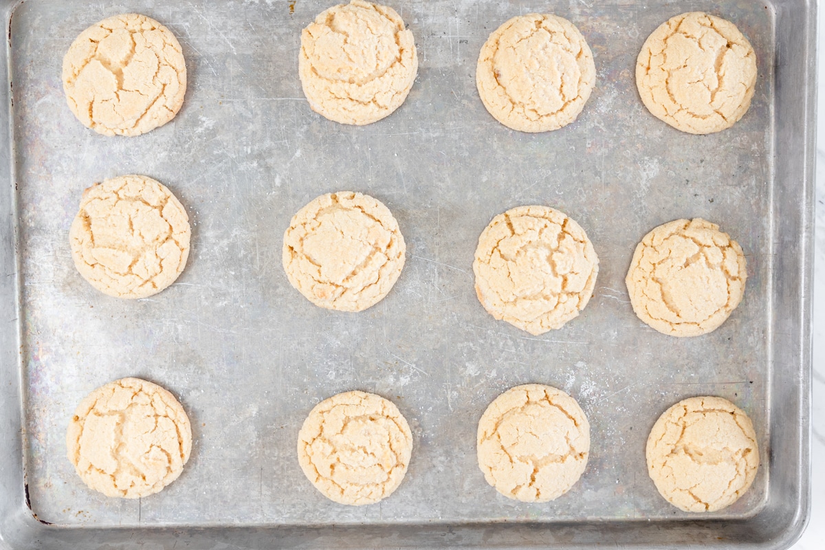 Top view of peanut butter cookies on a baking tray.
