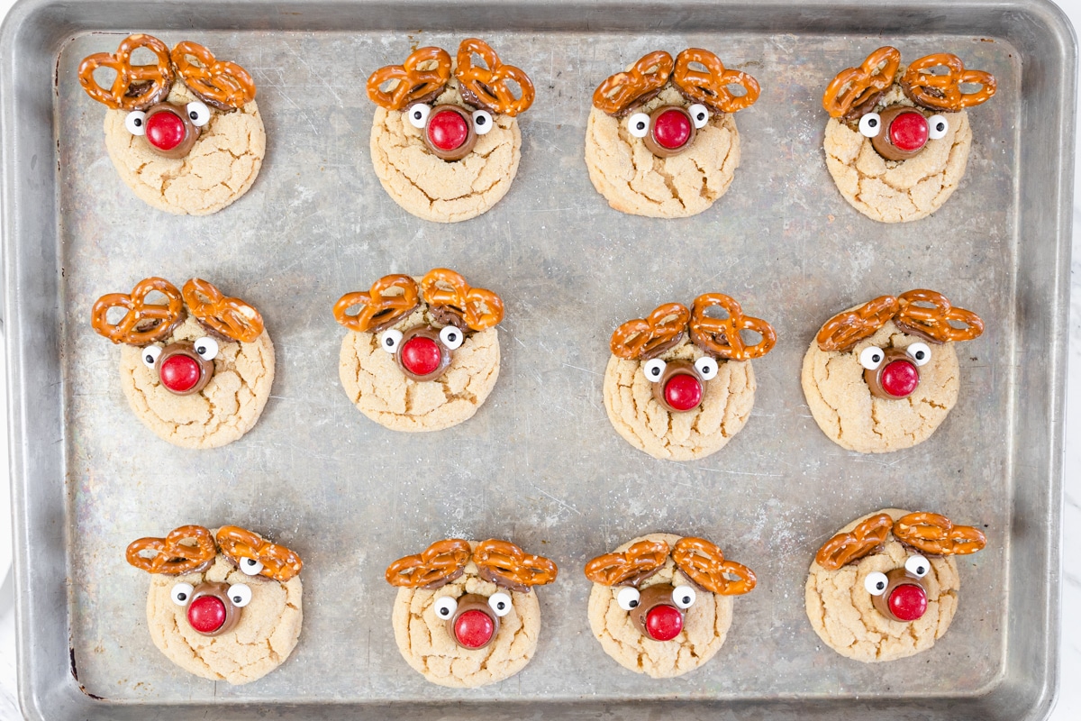 Top view of reindeer cookies on a baking tray.