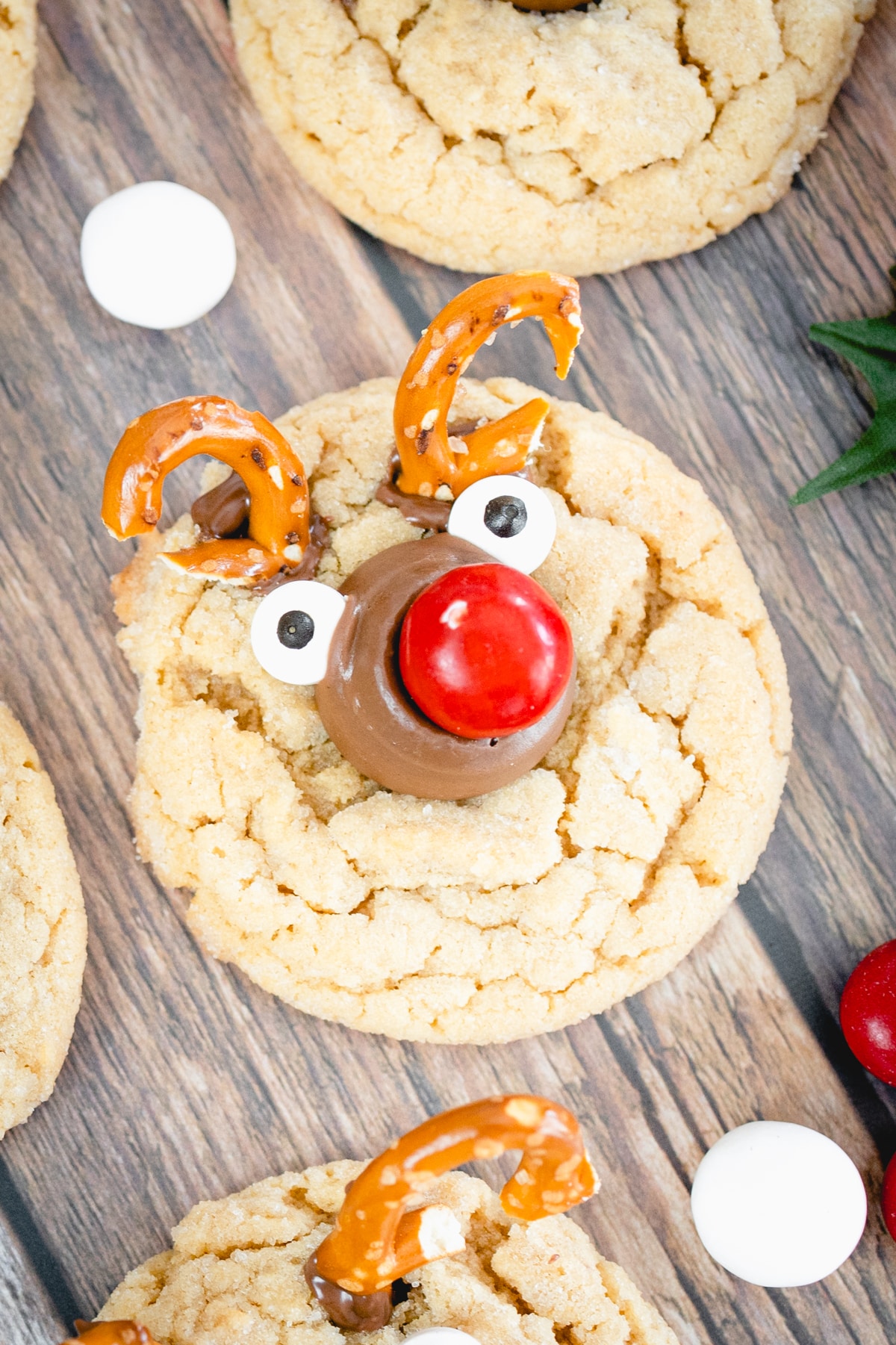 Top view close up of a reindeer cookie.