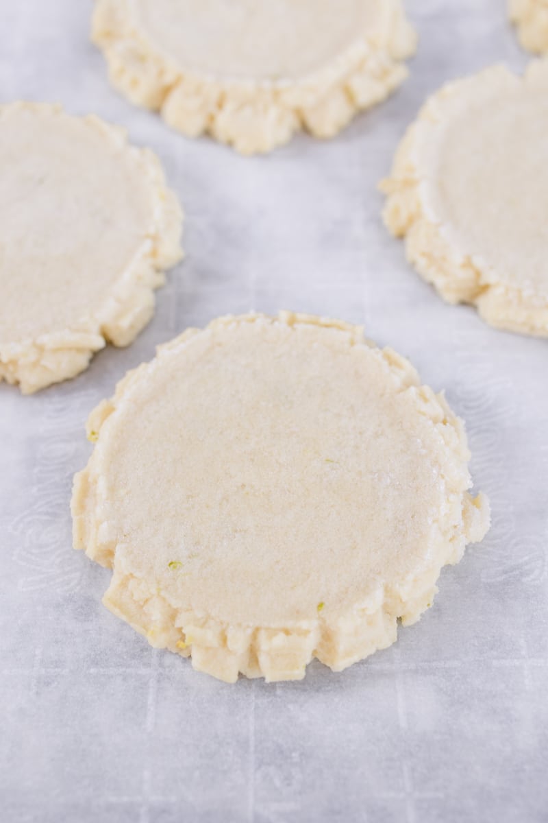 Close up top view of freshly flattened sugar cookie dough.