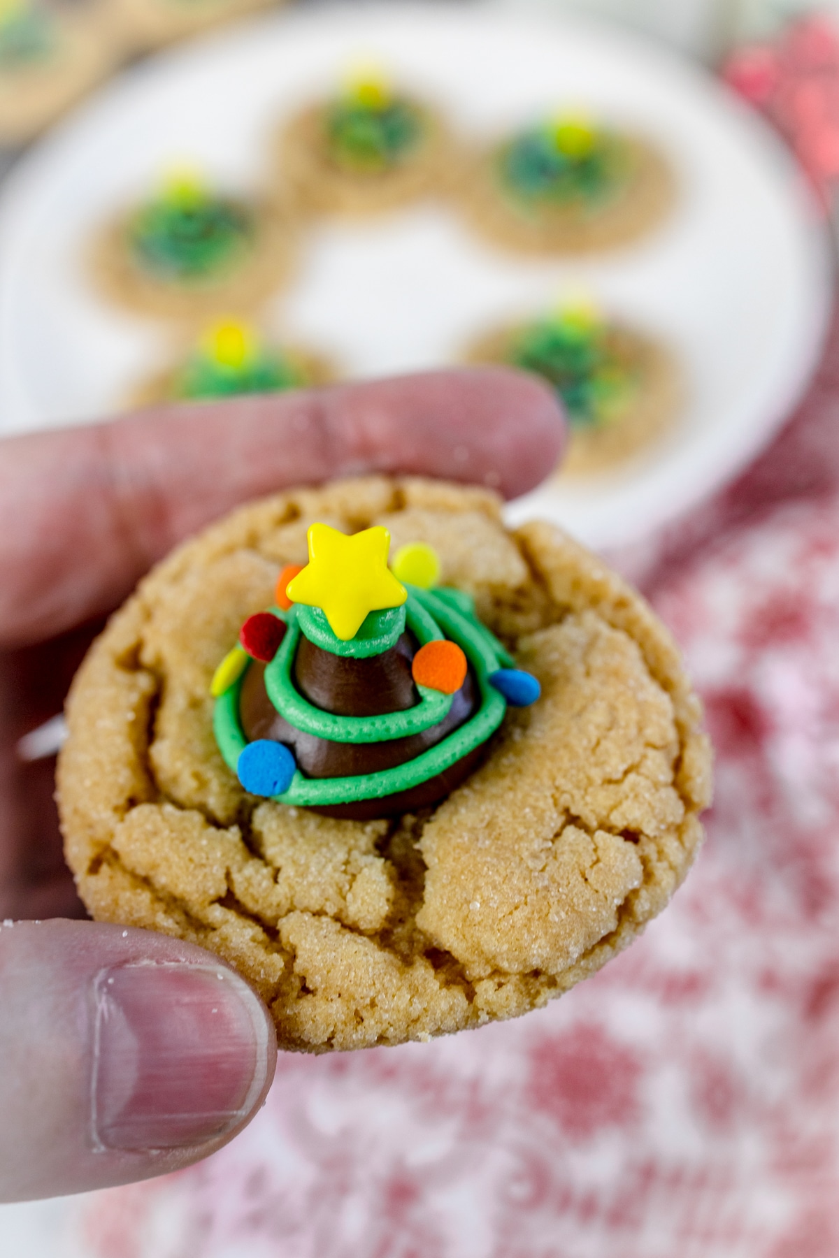 Close up of someone holding up a christmas Tree blossom cookie with other cookies on a tray blurred in the background.