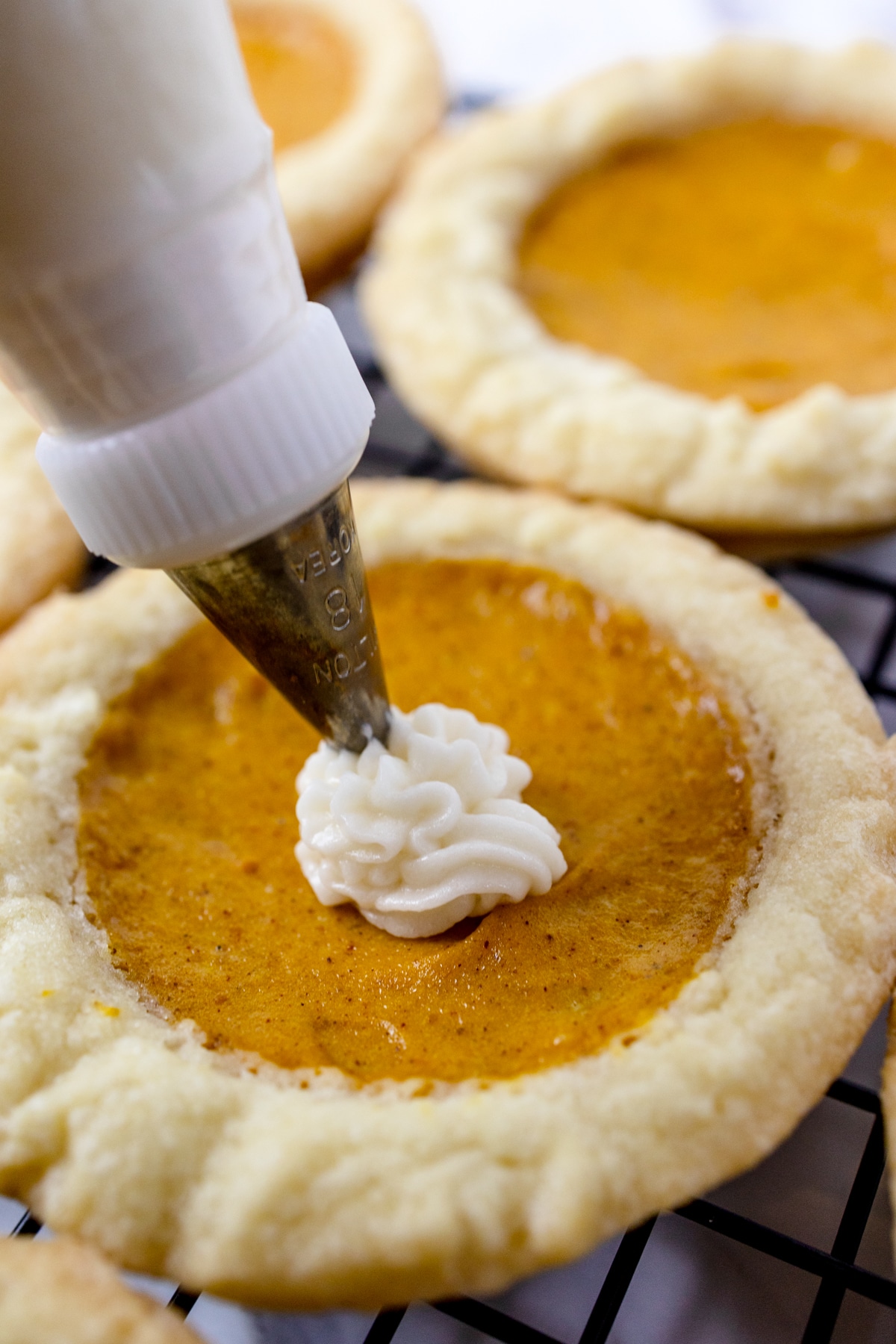 Close up of a piping bag adding a dollop of frosting onto the top of a pumpkin pie sugar cookie.