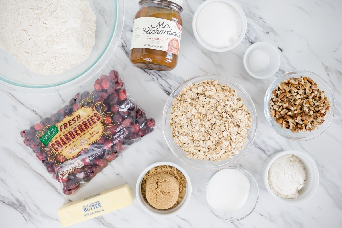 Top view of ingredients needed for Cranberry Oat Bars. 