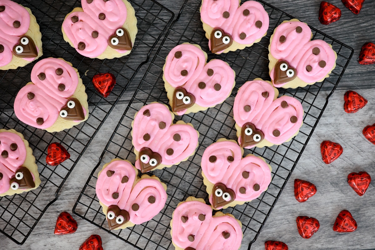 Love bug sugar cookies on a wire rack with candy eyes on their heads to look like pink lady bugs. 