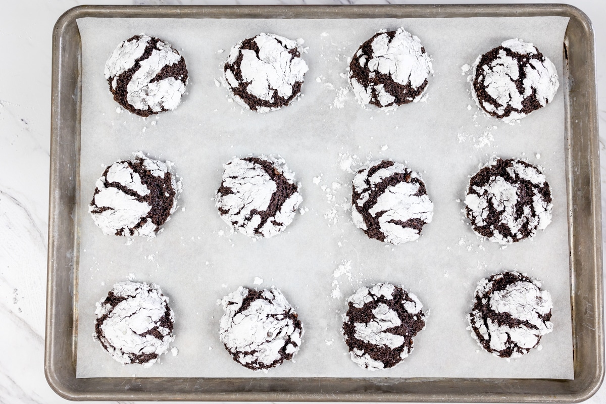 Top view of freshly baked crinkle cookies covered in powdered sugar on a baking tray. 