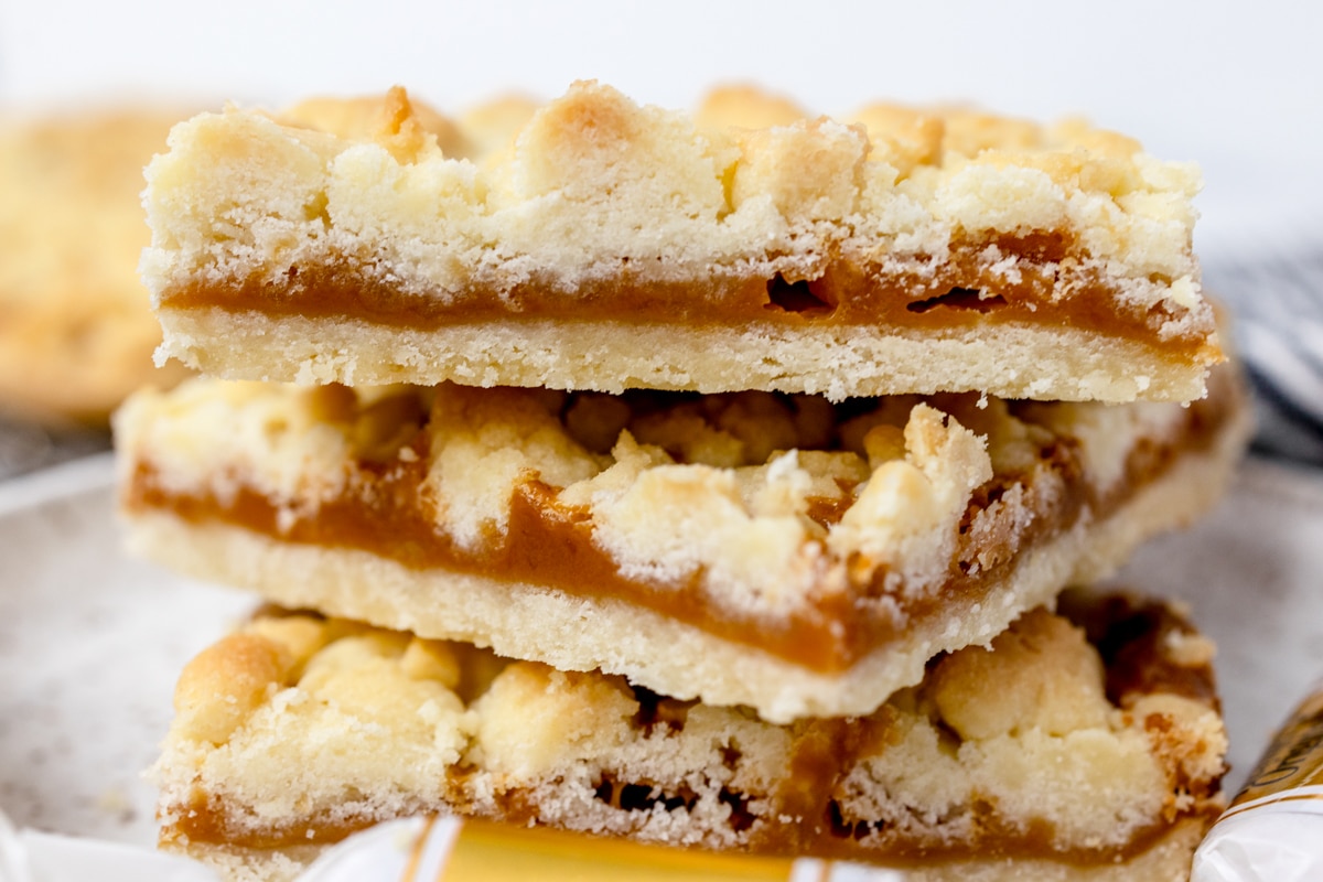 Close up of. stack of salted caramel shortcake bars. 