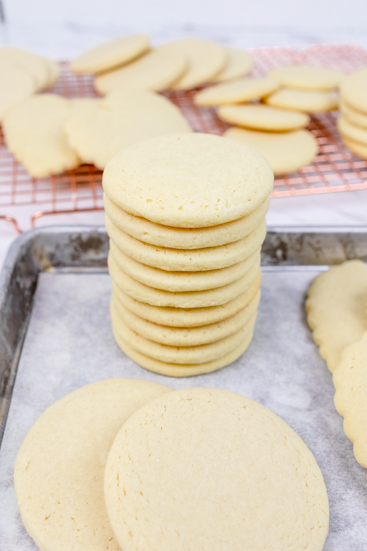 A stack of round sugar cookies on a baking tray.