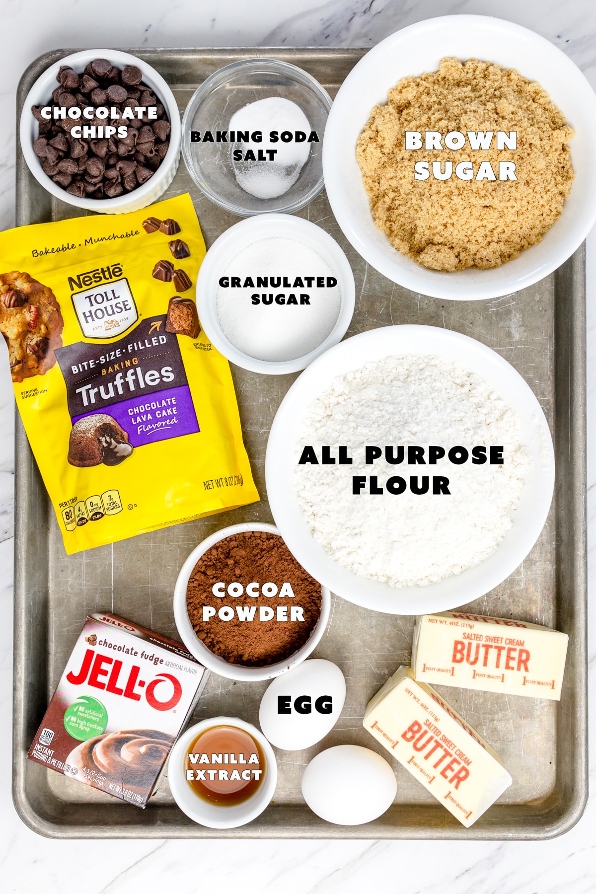 Top view of ingredients needed for chocolate pudding cookies. 