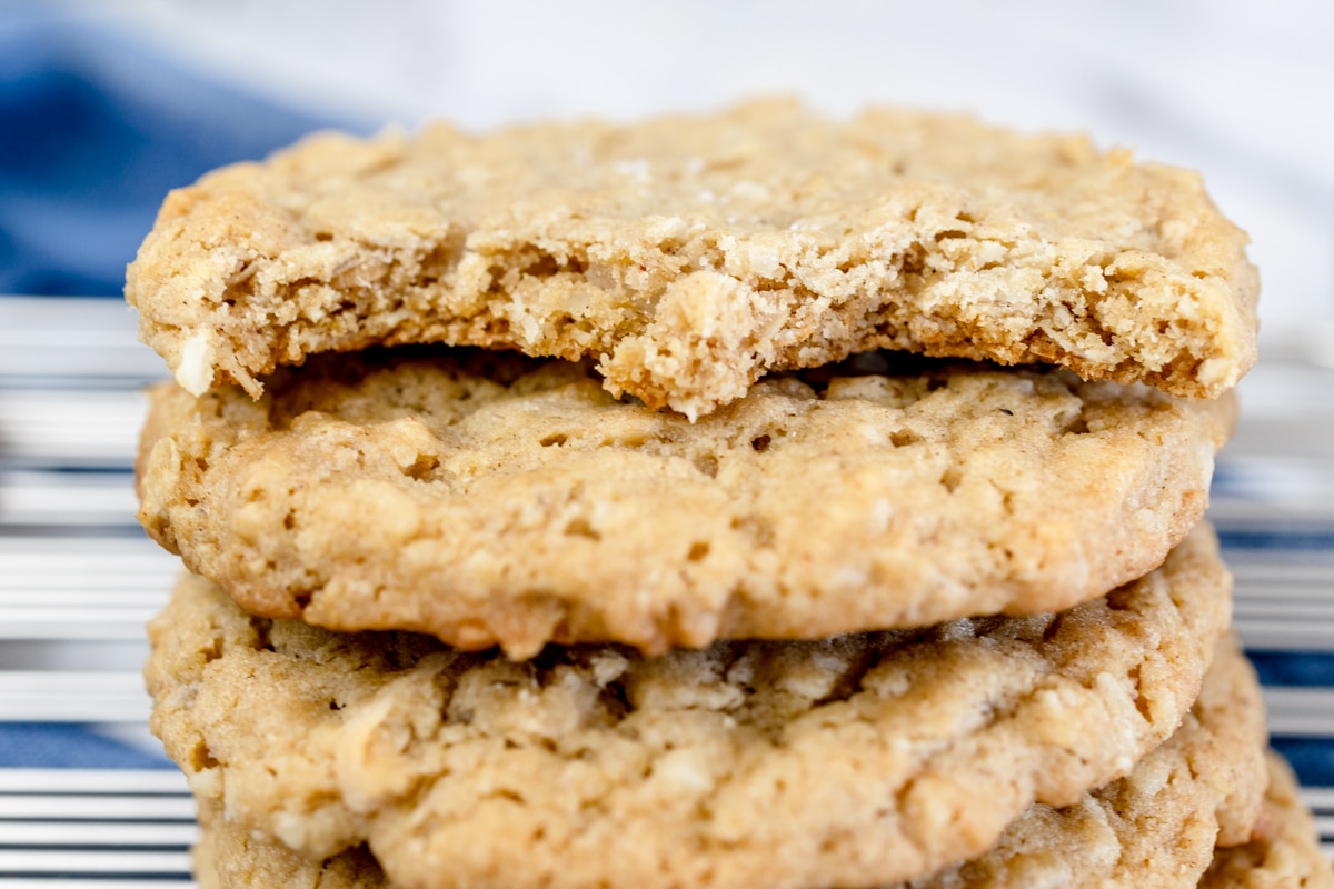 Close up of a stack of oatmeal coconut cookies. 