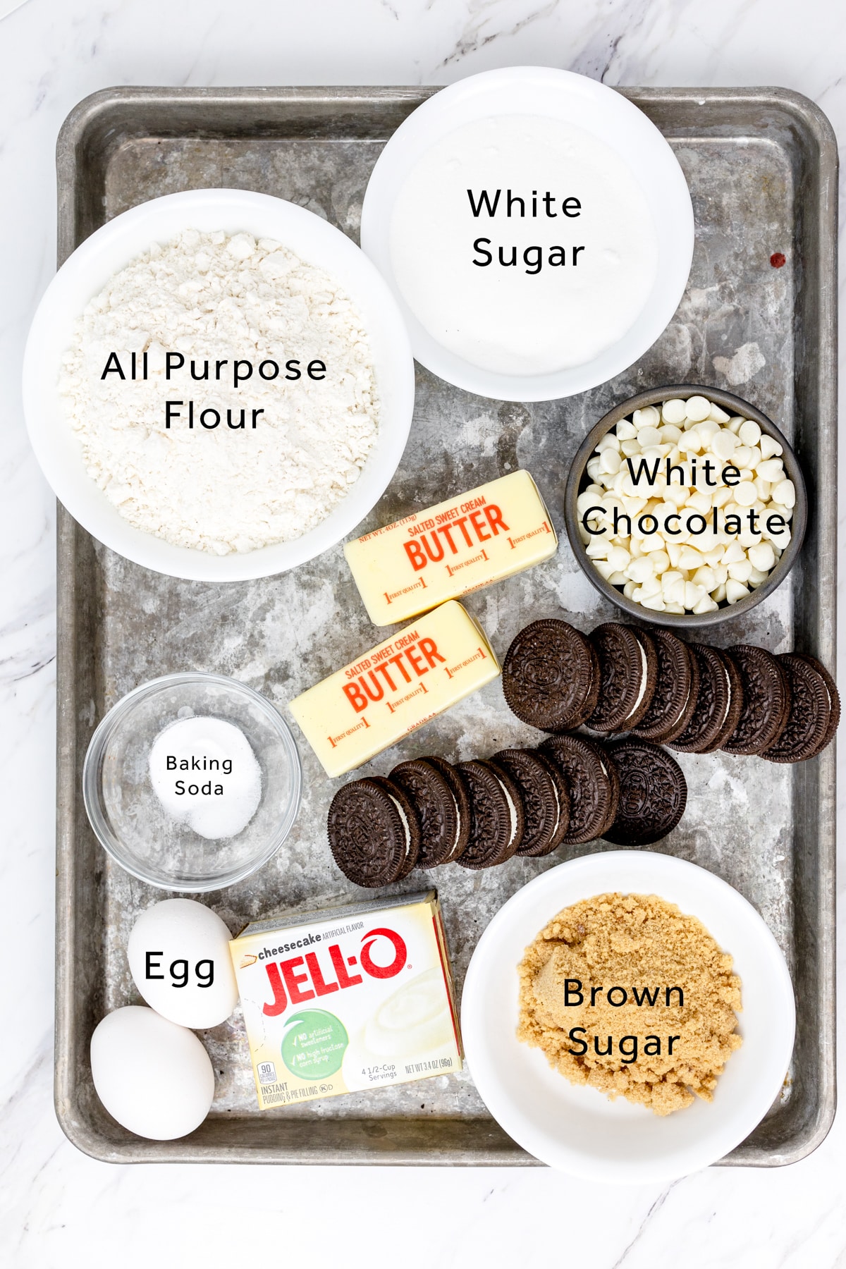 Top view of ingredients needed to make Oreo Cheesecake Cookies. 