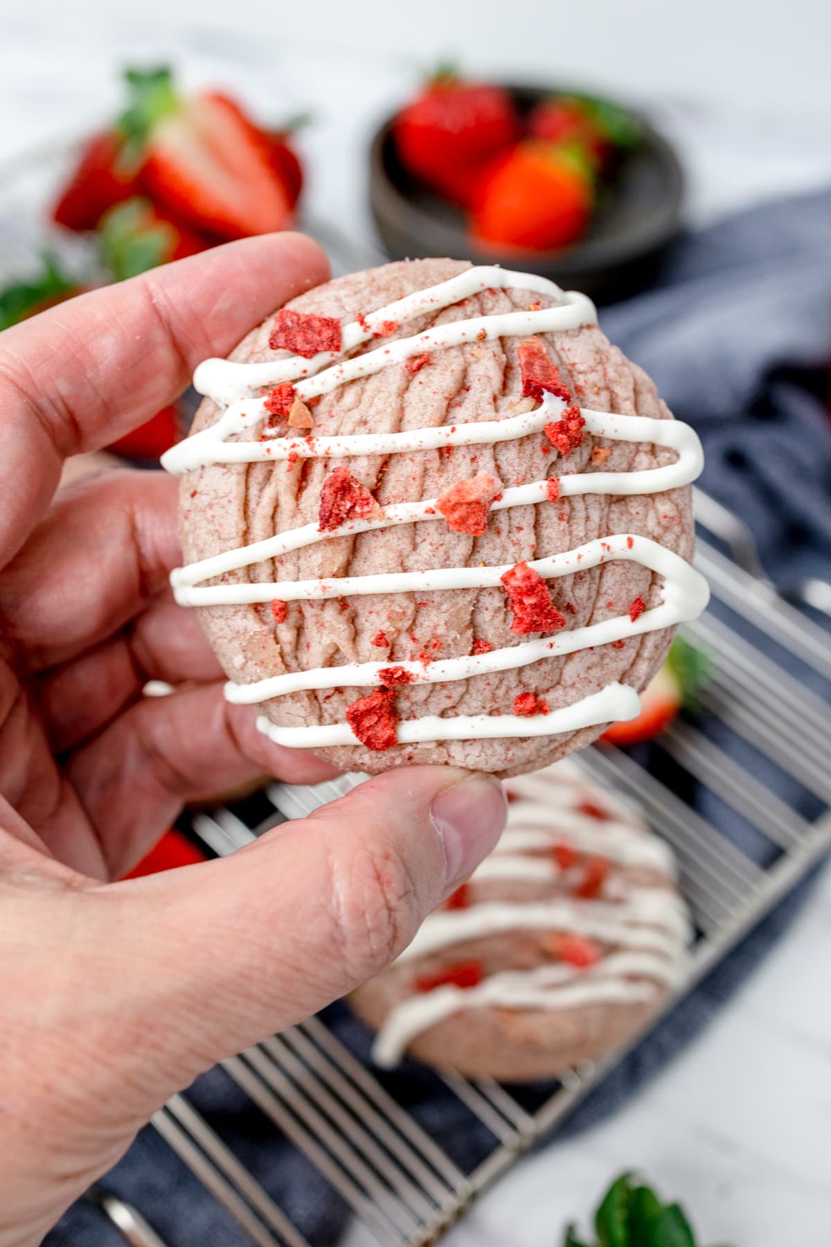 Close up of a strawberry sugar cookie.