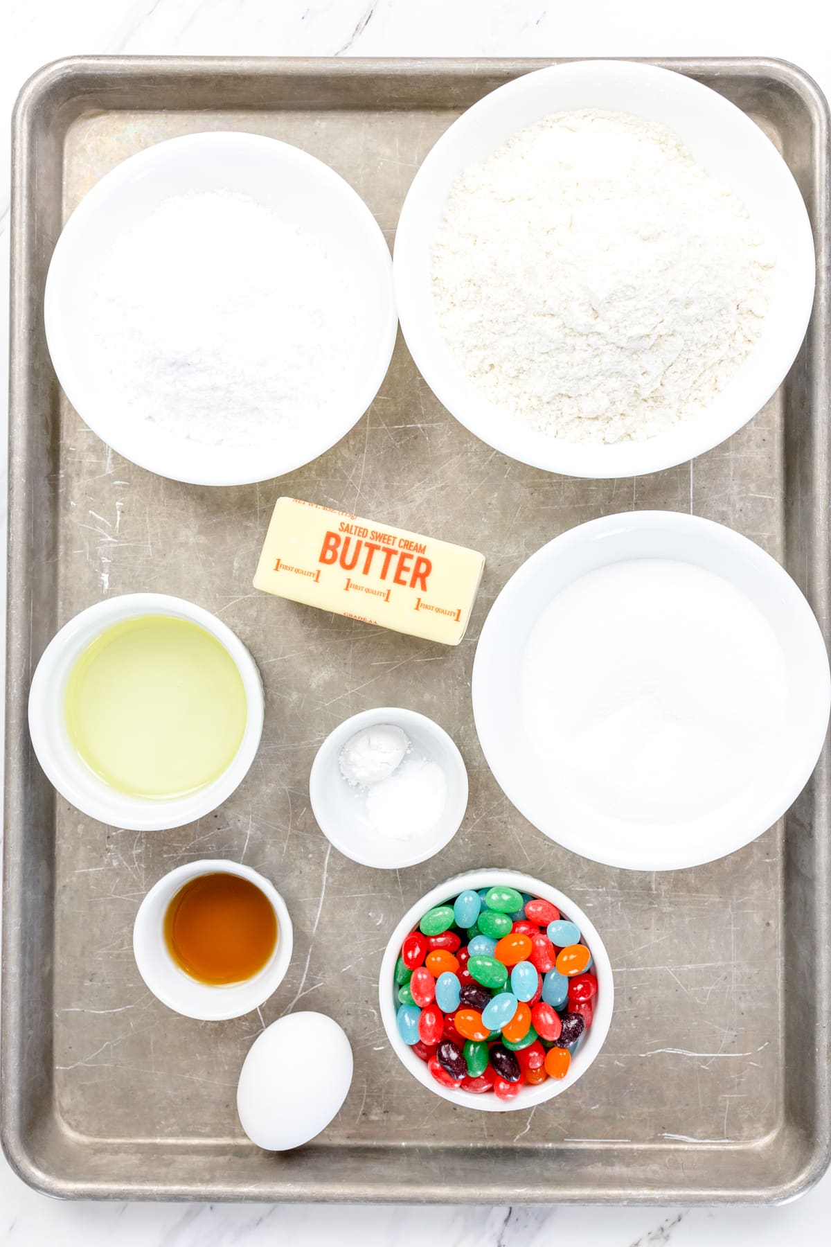 Top view of ingredients needed to make Jelly Bean Cookies.
