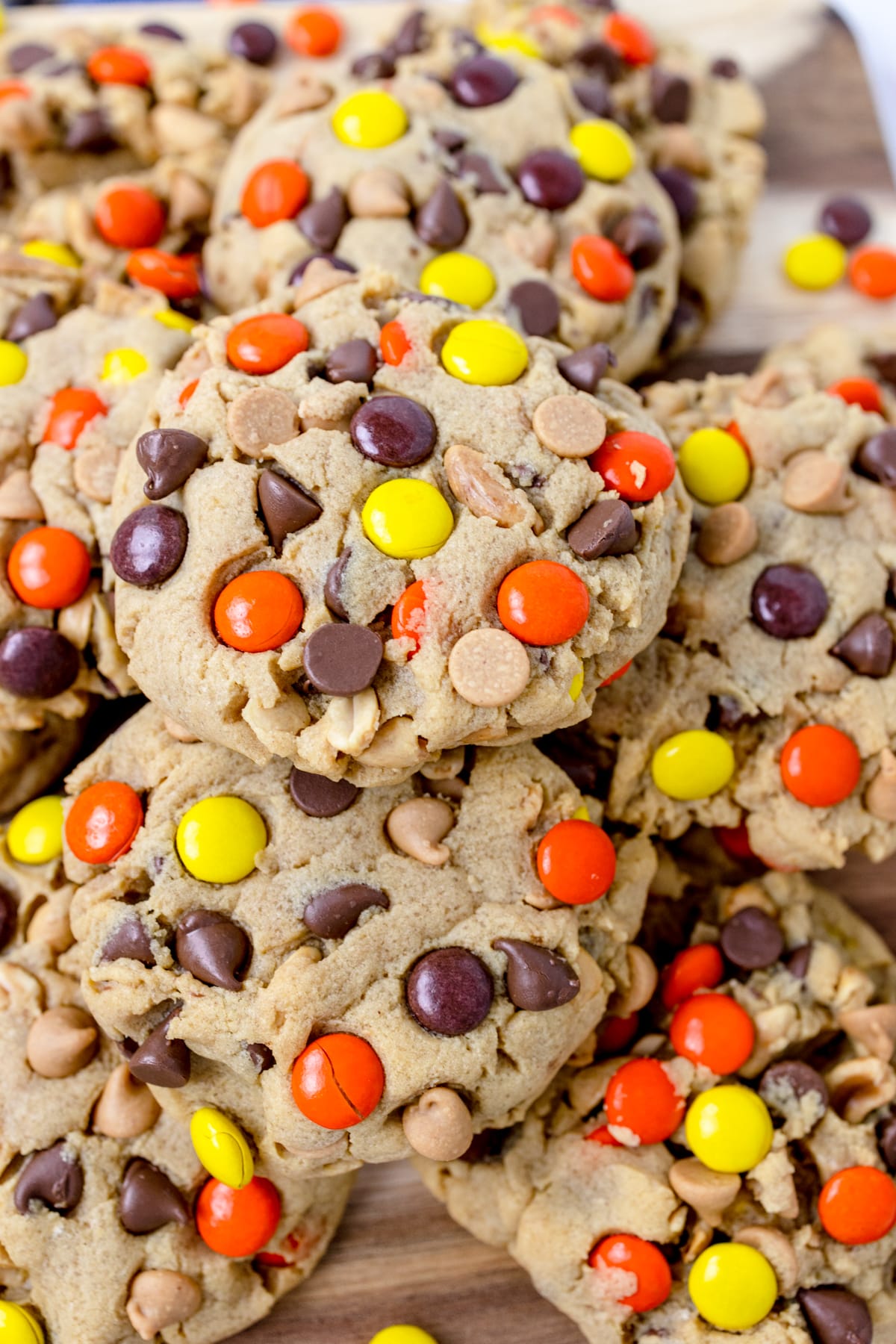 Close up of a pile of Reeses Pieces Cookies. 