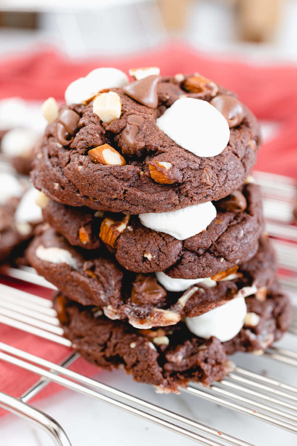 Close up of a stack of rocky road cookies.