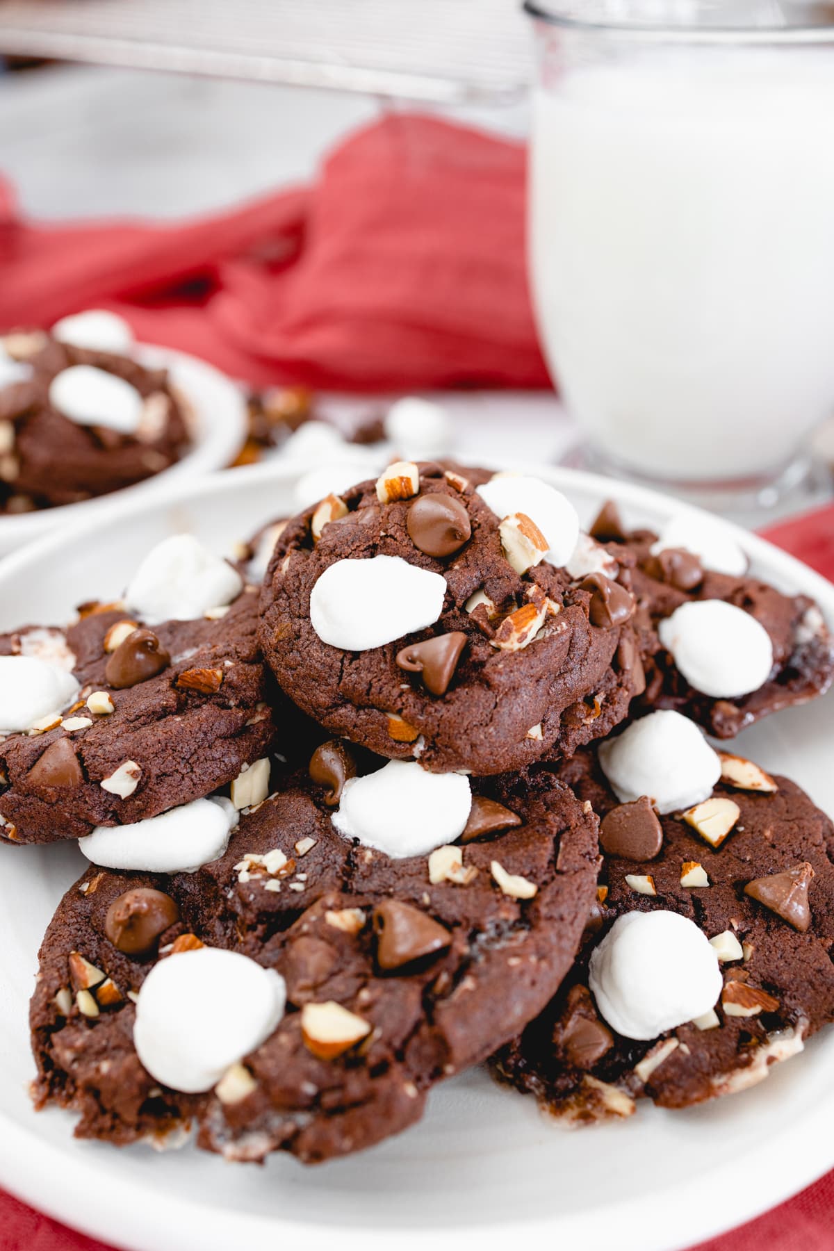 Close up of stack of rocky road cookies on a plate. 