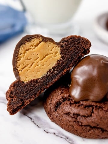 Close up of a buckeye cookie cut in half so you can see it's cross-sectioned profile the with the peanut butter inside the chocolate on top of the cookie.