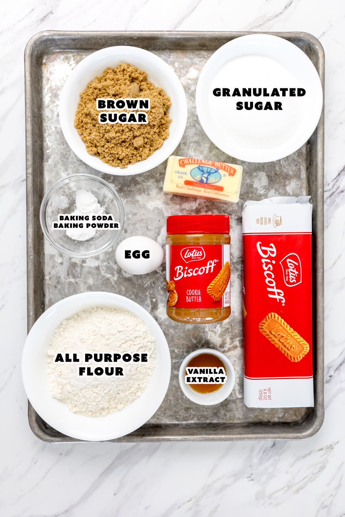 Top view of ingredients needed to make Biscoff cookies.