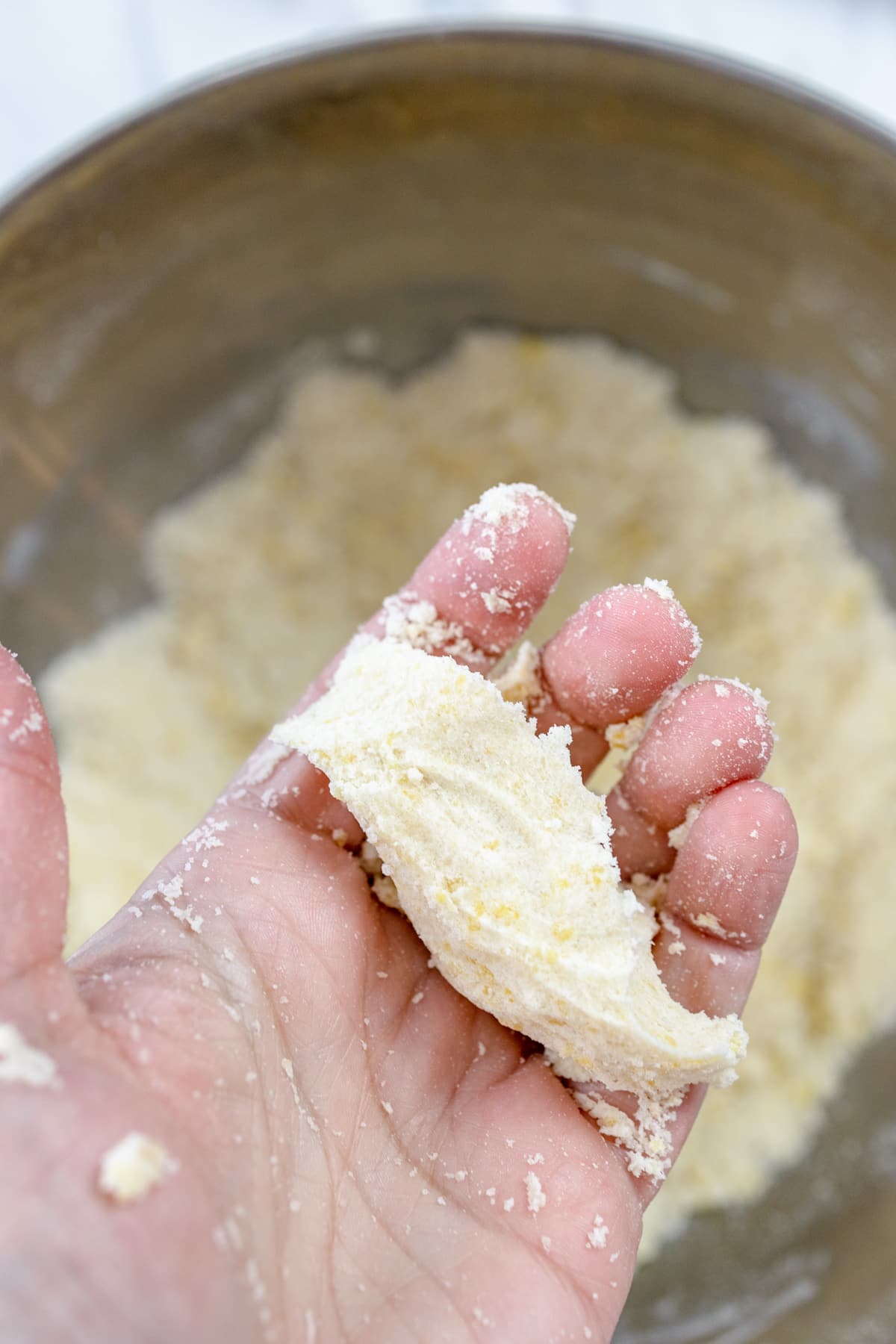 Close up of a hand holding some crumble mixture pressed together.