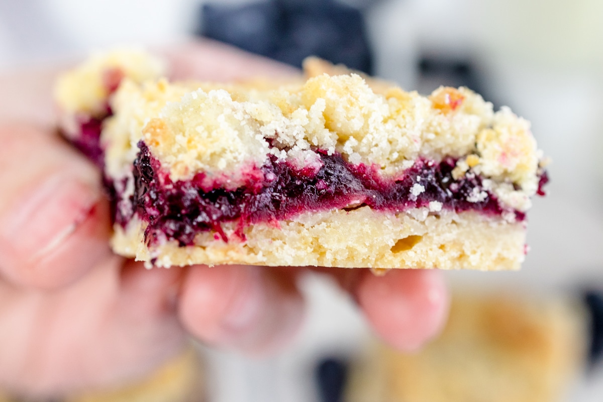 Close up of a blueberry pie bar being held in mid-air by a hand.