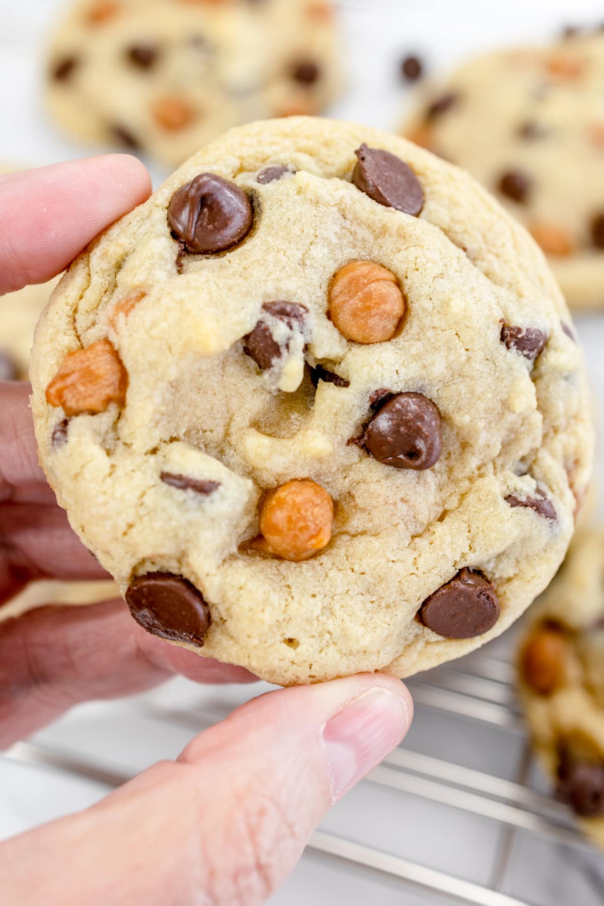 Close up of someone holding a caramel chip chocolate chip cookie in mid-air.