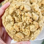 Close up shot of a Coffee Cake Cookie being held in mid-air by a hand.