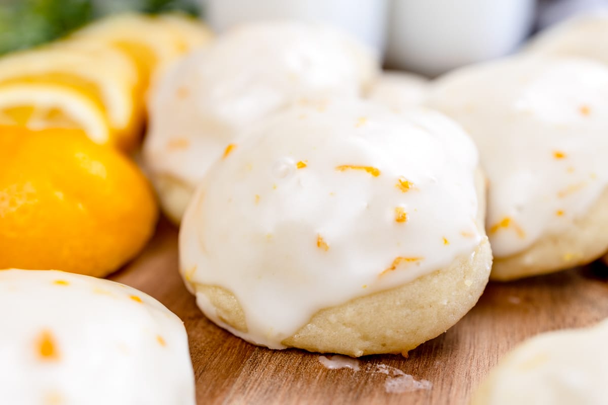Close up of lemon ricotta cookies on a chopping board.
