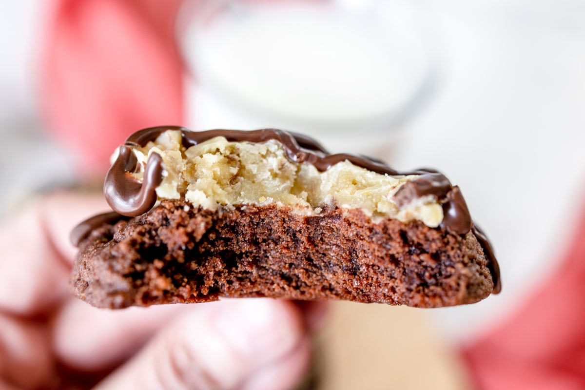 Close up of a German Chocolate Cookies with a bite taken out of it.