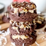 Close up of a stack of German Chocolate Cookies.