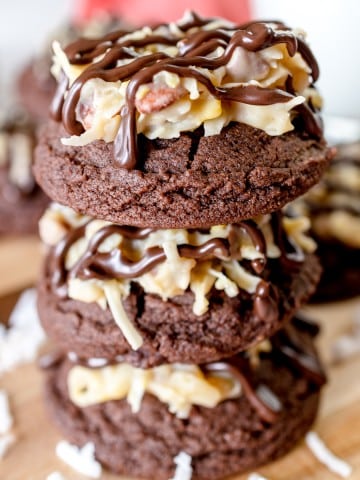 Close up of a stack of German Chocolate Cookies.
