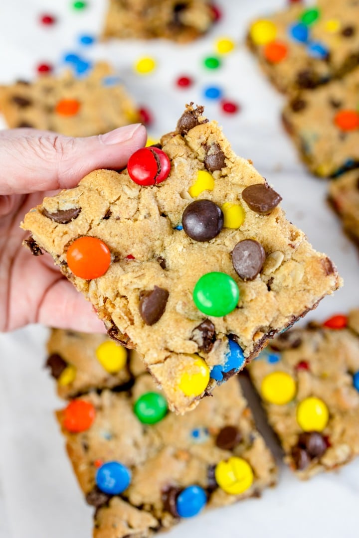 Chewy Monster Cookie Bars Loaded with Mix Ins