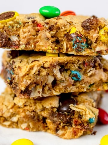 A stack of three Monster Cookie Bars.