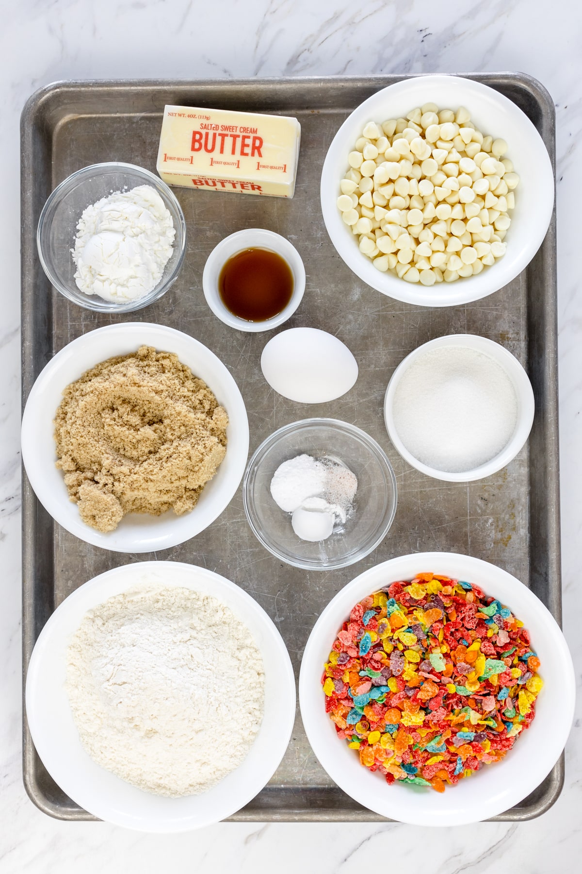Top view of ingredients needed to make Fruity Pebble Cookies.