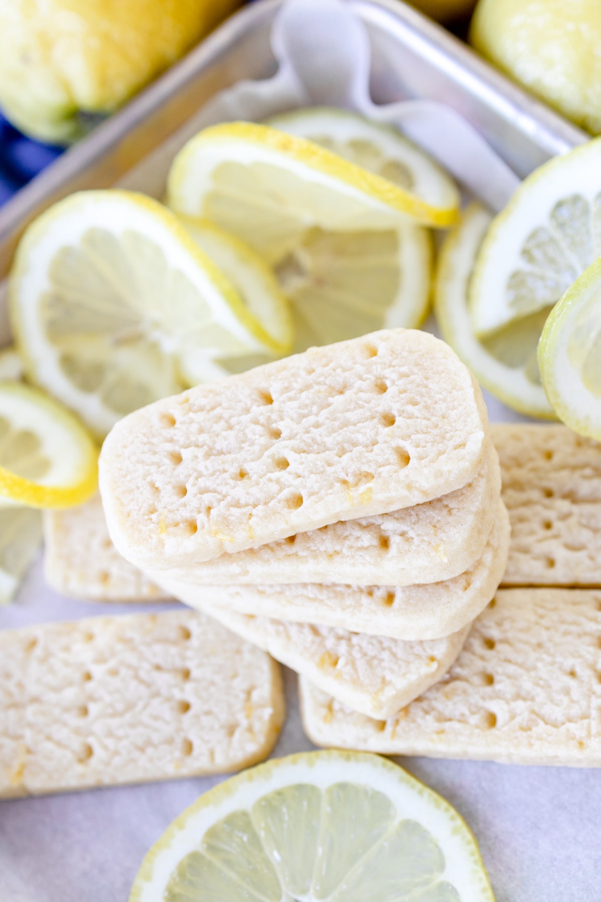 Top view of a stack of Lemon Shortbread Cookies.