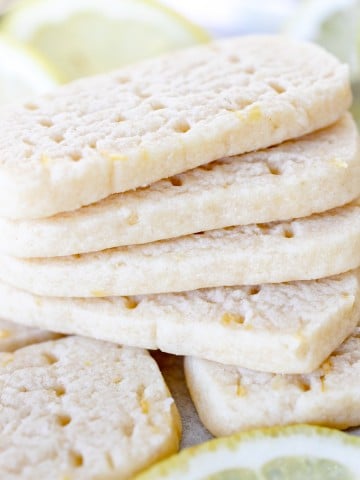 Close up of a stack of Lemon Shortbread Cookies.