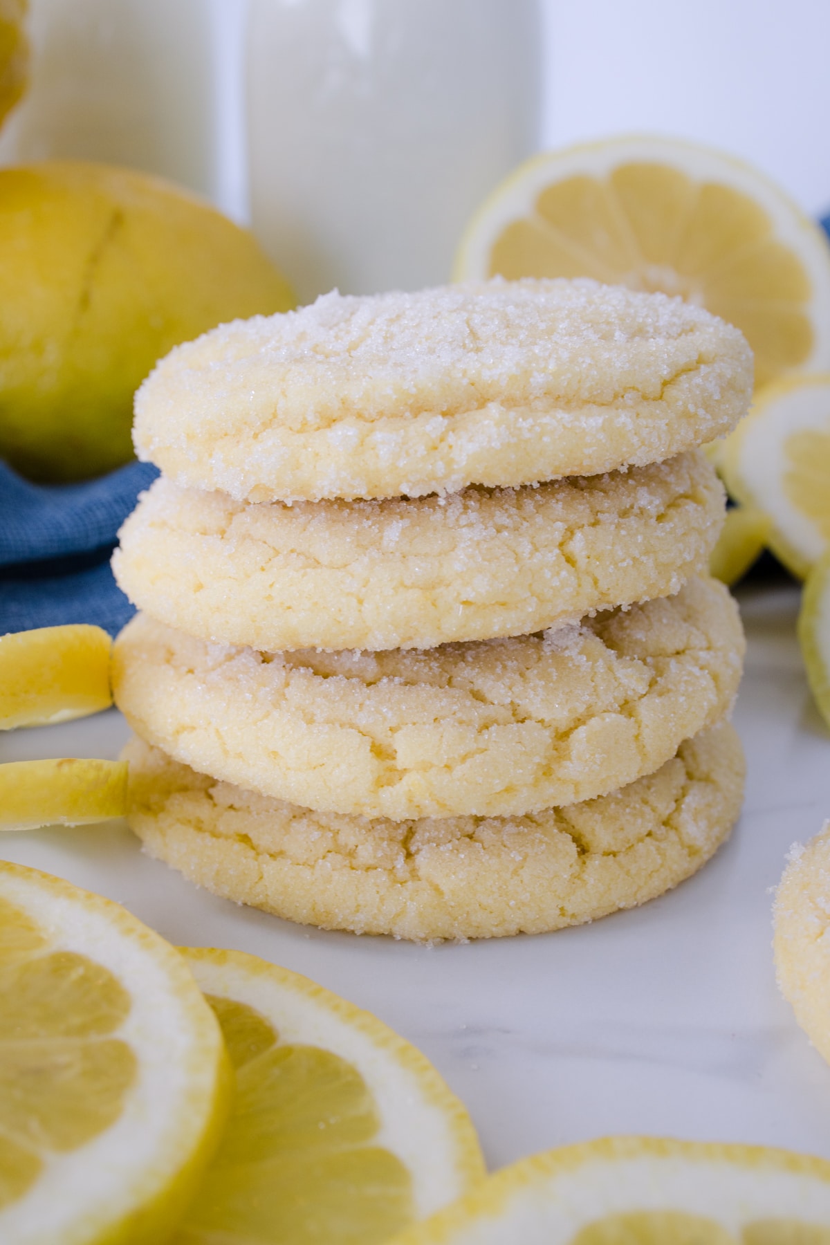 Close up of a stack of lemon sugar cookies. 
